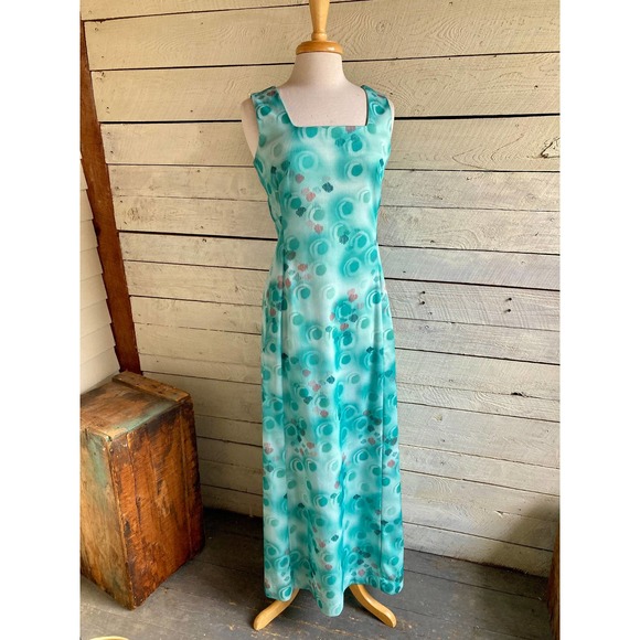 70s green polyester maxi dress Hal Ferman square neck sleeveless - 1970s - Picture 4 of 8